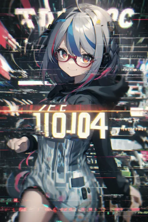 (404:4.04, "not found", WTF, ????, mystery, error, missing, confusion), solo blue-streak-white loose side braid ahoge hair tilt broken red frame glasses white deadly eyes trouble despair tired mad smile face "404" text printed black hoodie detailed extra arms up pointing hand admin girl is fixing a cyber node link labyrinth map BREAK (number, motion blur, glitch), "404", <lora:Glitching:0.8>, <lora:abstractor_yiu_v10:0.6>