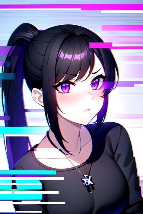 1girl, Black Hair, Ponytail, Purple Streaked Hair, Eye Shadow, Black T-Shirt, Black Pants, Necklace, Blush, Parted Lips, Finger on Lips, Sitting, Focus on Upper Body, Classroom, Glitching, Glitch, <lora:Glitching:1>, Masterpiece, Best Quality, 4K