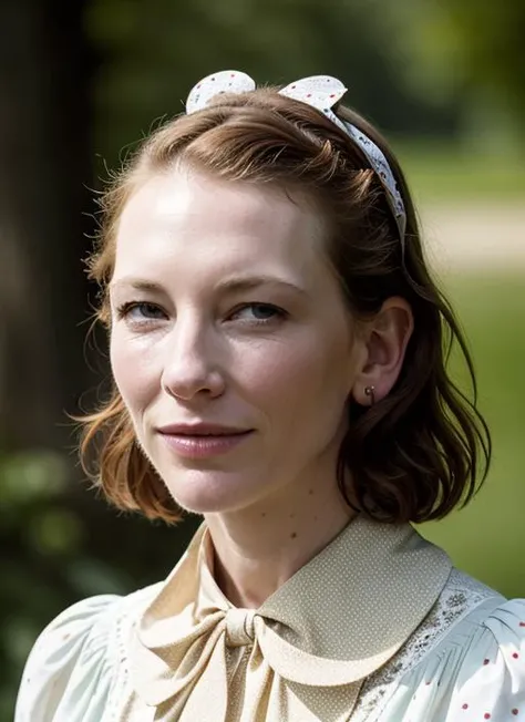 A stunning intricate color close up portrait of (sks woman:1) , wearing Polka dot dress and kitten heels, epic character composition, sharp focus, natural lighting, subsurface scattering, f2, 35mm, film grain, , by Tim Walker, <lora:lora-small-cate-blanchett-v1:1>
