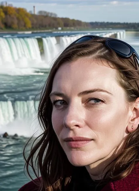 portrait of sks woman at the niagara falls, by Flora Borsi, style by Flora Borsi, bold, bright colours, ((Flora Borsi)), by William Eggleston, <lora:lora-small-cate-blanchett-v1:1>