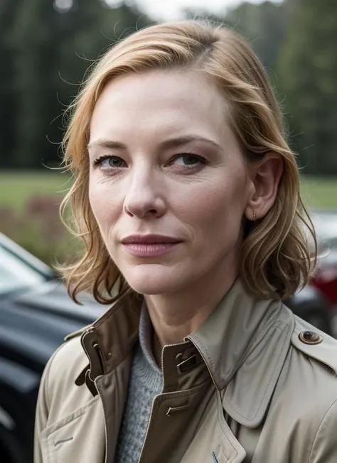 A stunning intricate color close up portrait of (sks woman:1) , wearing Trench coat and ankle boots, epic character composition, sharp focus, natural lighting, subsurface scattering, f2, 35mm, film grain, , by Gregory Crewdson, <lora:lora-small-cate-blanchett-v1:1>