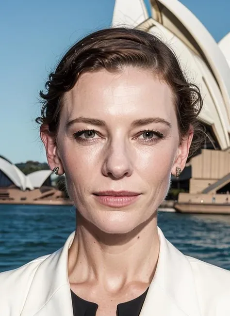 portrait of sks woman in Sydney, at the Sydney Opera House, by Flora Borsi, style by Flora Borsi, bold, bright colours, ((Flora Borsi)), by Peter Lindbergh, <lora:lora-small-cate-blanchett-v1:1>