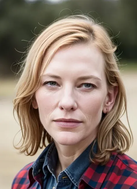 A stunning intricate color close up portrait of (sks woman:1) , wearing Flannel shirt and jeans, epic character composition, sharp focus, natural lighting, subsurface scattering, f2, 35mm, film grain, , by Dorothea Lange, <lora:lora-small-cate-blanchett-v1:1>