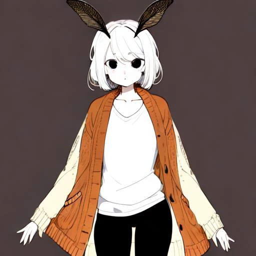 masterpiece, best quality, 1girl, solo, moth girl, white hair, white skin, black eyes, neck fur, moth antennae, white moth wings, cardigan, casual top, black pants,  <lora:mothgirl:0.8>