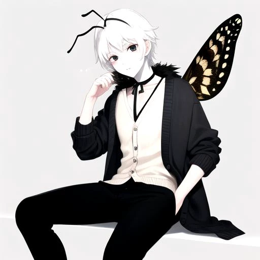 masterpiece, best quality, 1boy, solo, (moth girl:0.8, white hair, white skin, black eyes, neck fur, moth antennae, white moth wings, cardigan, casual top, black pants, <lora:mothgirl:0.8>