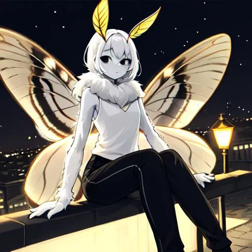 masterpiece, best quality, 1girl, solo, moth girl, white hair, white skin, four arms, multiple arms, black eyes, neck fur, moth antennae, (white moth wings), multiple wings, casual top, black pants, fur collar, outside, city, at night, streetlight <lora:mothgirl:0.6>