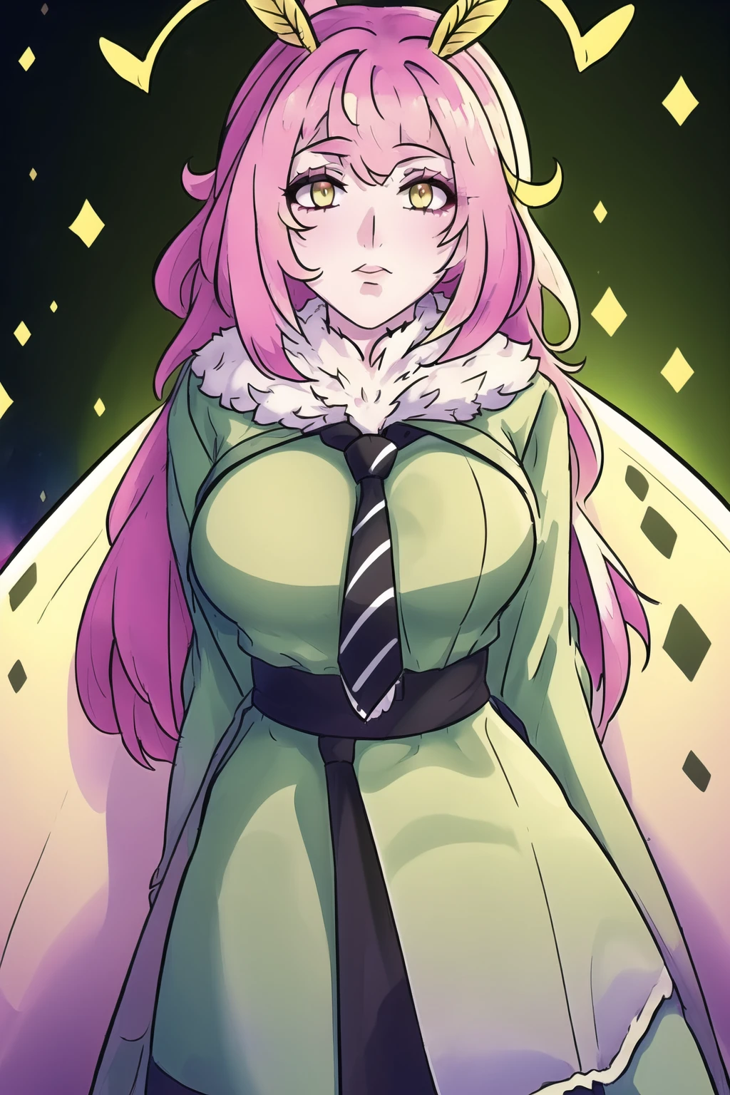 moth girl, ((moth wings, neck fur, antennae)), <lora:mothGirlsLycoris_v10:.9>, (masterpiece, best quality:1.9), (ultra-detailed:1.3), 1girl, solo, (two tone pink hair, messy hair, long hair), large breasts, (emo punk synthwave:1), yellow eyes, (white shirt, black necktie, green striped coat, open coat), cowboy shot, cinematic lighting, (((glowing light particles))), (arms behind back), dynamic angle, <lora:duskfallcrewsArtStyle_1:.3> <lora:Jem_and_The_holograms:.2>