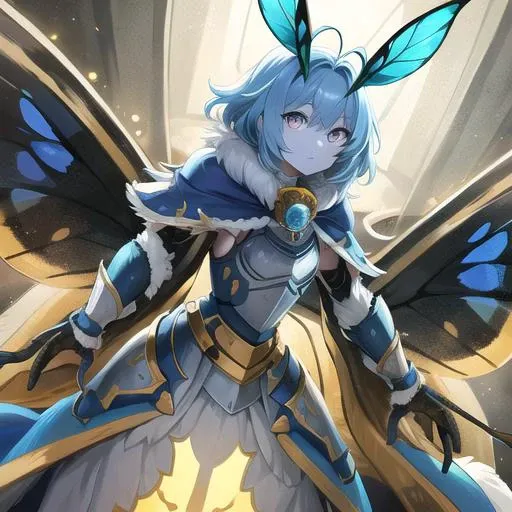 masterpiece, best quality, solo, moth knight, paladin, compound eyes, personification, bug,  arthropod girl, armor, antennae, blue moth wings, gold trim, lamp decals, neck fur, 4 arms, arthropod limbs, multiple arms, arthropod [girl], [monster], cloak, <lora:mothgirl:0.3>