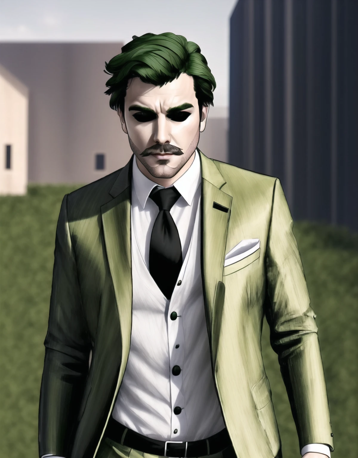 <lora:slimeTutorial_beetlejuice:.8>Slime Tutorial, Alex Brightman as Beetlejuice, 1boy, male focus, solo, (masculine), moth girl, moth boy, moth wings, neck fur, antennae, <lora:mothGirlsLycoris_v10:.9>, green hair,(masterpiece, best quality, ultra-detailed, highres, male focus), perfect face, side lighting, lustrous skin,(bloom), (shine), lighting, ray tracing, male focus, necktie, facial hair, 1boy, beard, formal, suit, green hair, striped,, bright green hair, mustache, manly, looking at viewer, green necktie, \pants, shirt, jacket, pinstripe suit,depth_of_field, very detailed background, highly detailed background, Masterpiece, Ultra detailed, great composition, (Highest picture quality), (Master's work), depth of field, solo, extreme light and shadow, masterpiece, rich in detail, (highest quality), (masterpiece), (detailed eyes), (handsome) detailed, beautiful detailed eyes,(straight-on), (extremely detailed CG unity 8k wallpaper),(masterpiece), (best quality), (ultra-detailed), (best illustration),(best shadow),perfect lighting , perfect anatomy , vivid colors <lora:duskfallcrewsArtStyle_1:.3>