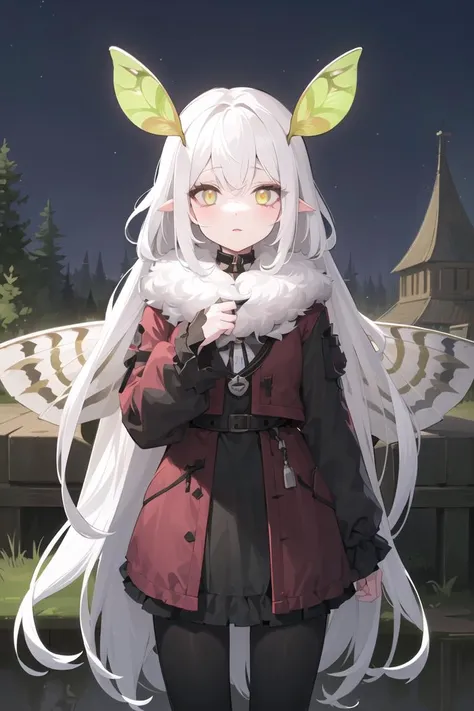 (((masterpiece,best quality))), 1girl, solo, (moth girl), antennae, long hair, messy hair, white hair, (glowing eyes), eyeliner, eyelashes, neck fur, (big moth wings:1.2), fluffy, furry, outdoors, dark forest background, trees, night sky, (starry sky), moon, HDR shadows, <lora:Moth_girl_Neck_fur_Moth_wings_Antennae_v10:0.6>