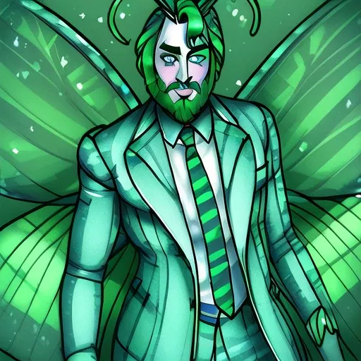 <lora:slimeTutorialFamily_beetlejuice:.7> Slime Tutorial, Alex Brightman as Beetlejuice, 1boy, male focus, solo, (masculine), moth girl, moth boy, ((moth wings, neck fur, antennae)), <lora:mothGirlsLycoris_v10:1>, green hair,(masterpiece, best quality, paint splatters, ultra-detailed, highres, male focus), perfect face, side lighting, lustrous skin,(bloom), (shine), lighting, ray tracing, male focus, necktie, facial hair, 1boy, beard, formal, suit, green hair, striped,, bright green hair, mustache, manly, looking at viewer, green necktie, pants, shirt, jacket, pinstripe suit,depth_of_field, very detailed background, highly detailed background, Masterpiece, Ultra detailed, great composition, (Highest picture quality), (Master's work), depth of field, solo, extreme light and shadow, masterpiece, rich in detail, (highest quality), (masterpiece), (detailed eyes), (handsome) detailed, beautiful detailed eyes,(straight-on),(masterpiece), (best quality), (ultra-detailed), (best illustration),(best shadow),perfect lighting , perfect anatomy , vivid colors