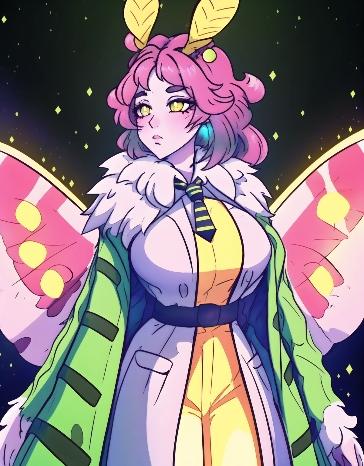 moth girl, ((moth wings, neck fur, antennae)), <lora:mothGirlsLycoris_v10:.9>, (masterpiece, best quality:1.9), (ultra-detailed:1.3), 1girl, solo, (two tone pink hair, messy hair, long hair), large breasts, (emo punk synthwave:1), yellow eyes, (white shirt, black necktie, green striped coat, open coat), cowboy shot, cinematic lighting, (((glowing light particles))), (arms behind back), dynamic angle, <lora:duskfallcrewsArtStyle_1:.3> <lora:Jem_and_The_holograms:.2>