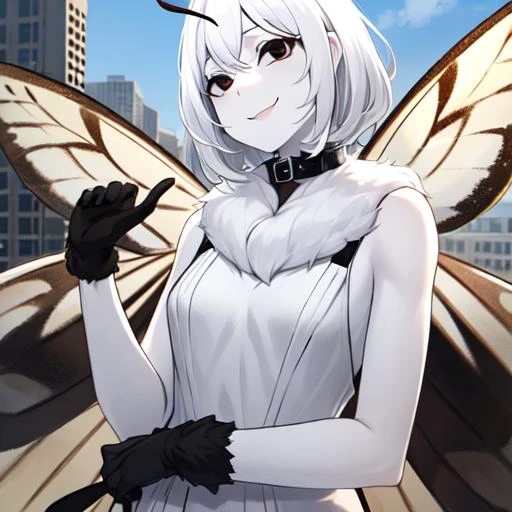 masterpiece, best quality, 1girl, solo, moth girl, white hair, white skin, four arms, multiple arms, black eyes, neck fur, moth antennae, smiling, (white moth wings), multiple wings, casual top, black pants, fur collar, outside, city, daytime, sunny, <lora:mothgirl:0.6>