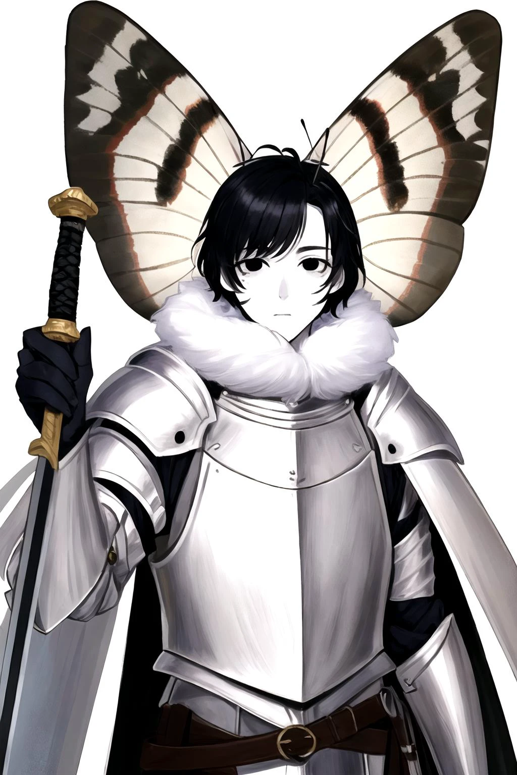 masterpiece, best quality, 1boy, solo, (moth girl:0.8, black hair, white skin, black eyes, neck fur, moth antennae, white moth wings, knight_armor, fantasy, medivela, magic, sword, <lyco:mothgirl (1):0.6>