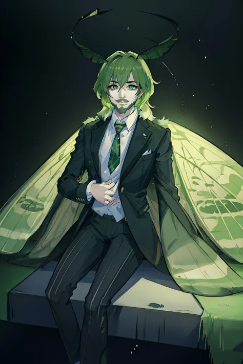 <lora:Slime Tutorial :.6> Slime Tutorial, Alex Brightman as Beetlejuice, 1boy, male focus, solo, (masculine), moth girl, moth boy, (moth wings, neck fur, antennae), <lora:mothGirlsLycoris_v10:.9>, green hair,(masterpiece, best quality, ultra-detailed, highres, male focus), perfect face, side lighting, lustrous skin,(bloom), (shine), lighting, ray tracing, male focus, necktie, facial hair, 1boy, beard, formal, suit, green hair, striped,, bright green hair, mustache, manly, looking at viewer, green necktie, \pants, shirt, jacket, pinstripe suit,depth_of_field, very detailed background, highly detailed background, Masterpiece, Ultra detailed, great composition, (Highest picture quality), (Master's work), depth of field, solo, extreme light and shadow, masterpiece, rich in detail, (highest quality), (masterpiece), (detailed eyes), (handsome) detailed, beautiful detailed eyes,(straight-on), (extremely detailed CG unity 8k wallpaper),(masterpiece), (best quality), (ultra-detailed), (best illustration),(best shadow),perfect lighting , perfect anatomy , vivid colors <lora:duskfallcrewsArtStyle_1:.3>