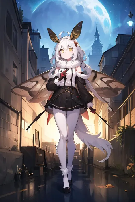 ((masterpiece,best quality)), 1girl, full body, (moth girl), looking at viewer, moth antennae, antennae, long white hair, (glowing eyes), eyeliner, eyelashes, neck fur, (moth wings), fluffy clothes, furry, furry clothes, street lamp, city background, night, (starry sky), moon, HDR shadows, <lora:Moth_girl_Neck_fur_Moth_wings_Antennae_v10:0.65> <lora:lightAndShadow_v10:0.6>