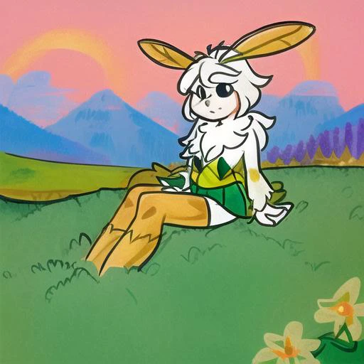 <lora:hannabarberan:1> hanna barbera, nature, scenery, mountains, grassland, flowers, <lora:mothgirl:0.8>, moth girl, moth wings, neck fur, antennae, sitting, masterpiece, high detail