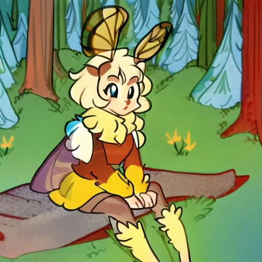 <lora:hannabarberan:0.8> hanna barbera, nature, scenery, forest, trees, redwood, <lora:mothgirl:1>, moth girl, moth wings, neck fur, antennae, sitting, masterpiece, high detail