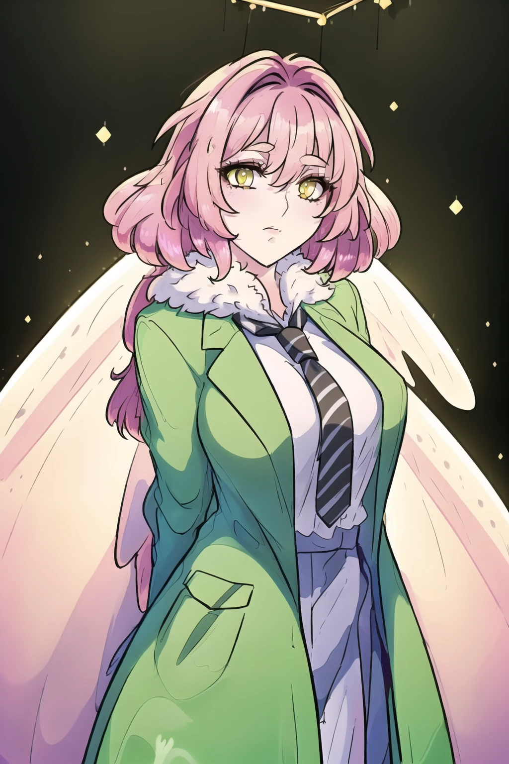 culine), moth girl, (moth wings, neck fur, antennae), <lora:mothGirlsLycoris_v10:.9>, (masterpiece, best quality:1.9), (ultra-detailed:1.3), 1girl, solo, (pink hair, messy hair, long hair), (angel wings, angel halo), large breasts, (emo punk synthwave:1), yellow eyes, (white shirt, black necktie, green striped coat, open coat), cowboy shot, cinematic lighting, (((glowing light particles))), (arms behind back), dynamic angle, <lora:duskfallcrewsArtStyle_1:.3>