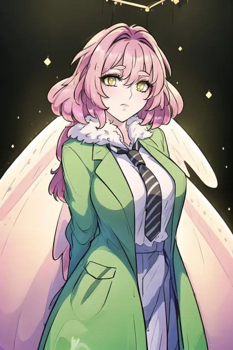 culine), moth girl,  (moth wings, neck fur, antennae), <lora:mothGirlsLycoris_v10:.9>, (masterpiece, best quality:1.9), (ultra-detailed:1.3), 1girl, solo, (pink hair, messy hair, long hair), (angel wings, angel halo), large breasts, (emo punk synthwave:1), yellow eyes, (white shirt, black necktie, green striped coat, open coat), cowboy shot, cinematic lighting, (((glowing light particles))), (arms behind back), dynamic angle, <lora:duskfallcrewsArtStyle_1:.3>