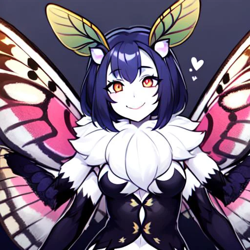masterpiece, best quality, 1girl, solo, moth girl, four arms, multiple arms, neck fur, moth antennae, smiling, (white moth wings), multiple wings, fur, goth outfit, <lora:mothgirl:0.7>