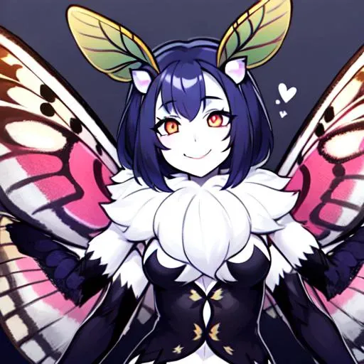 masterpiece, best quality, 1girl, solo, moth girl, four arms, multiple arms, neck fur, moth antennae, smiling, (white moth wings), multiple wings, fur, goth outfit, <lora:mothgirl:0.7>