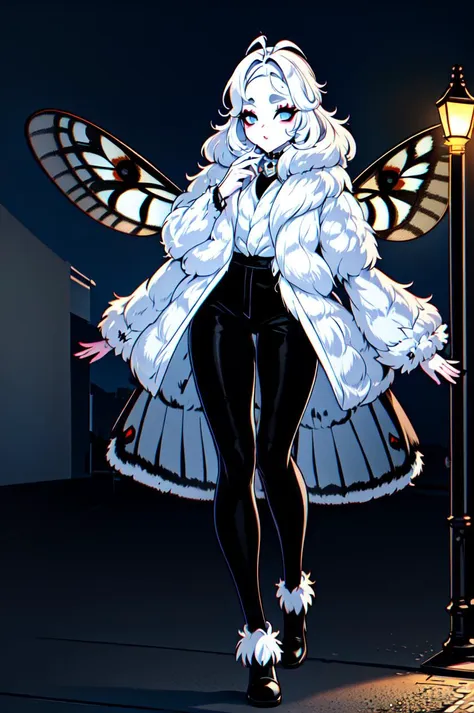 masterpiece, best quality, 1girl, solo, moth girl, white hair, white skin, four arms, multiple arms, black eyes, neck fur, moth antennae, (white moth wings), multiple wings, casual top, black pants, fur collar, outside, city, at night, streetlight <lyco:mothgirl:0.6>