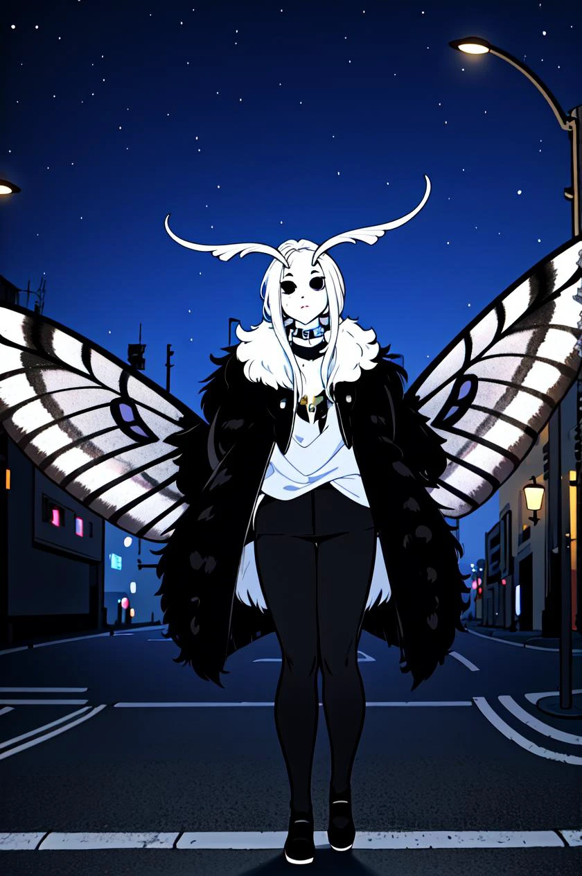 masterpiece, best quality, 1girl, solo, moth girl, white hair, white skin, four arms, multiple arms, black eyes, neck fur, moth antennae, (white moth wings), multiple wings, casual top, black pants, fur collar, outside, city, at night, streetlight <lyco:mothgirl:0.6>