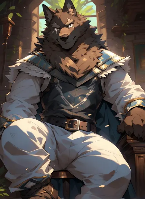 (((solo))), masterpiece, ultra high quality, ultra high resolution, 4k, 8k, ((detailed face, detailed eyes, detailed)), (full body:1.5, full shot angle:1.5), digital painting \(artwork\), by (by canyne khai, (by takemoto arashi), by null-ghost, by kiyosan, by milkytiger1145) BREAK inside, fantasy, castle, livingroom, (sitting on chair:1.4, spread legs), knight uniform, weapon, belt, sword, cape, fur trim, white pants, blue cape, armor, ((beautiful brown eyes, smug, furry, lyall, wolf, eye scar, wolf tail, brown fur)), (((lean body:1.6, serious:1.6))) BREAK (front angle shot:1.2, front shot:1.2, front view), <lora:Light and Shadow:0.6>, <lora:epiNoiseoffset_v2-pynoise:0.4>, <lora:Depth:0.3>, <lora:MoreDetails:0.2>, <lora:CuteFurryStyle-Furry:0.4>, <lora:FurryCoreV2New-07:0.3>, <lora:nj5furry-v2:0.2>, <lora:NijiExpressV2-Letterboxed,Illustration,-EasyNegative,-BadHand:0.4>, <lora:BeautifulAnimeEyes:0.9>, <lora:Lyre-Lyall, Eye Scar, Wolf Tail, Brown Fur:0.8>