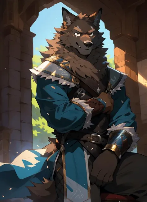 (((solo))), masterpiece, ultra high quality, ultra high resolution, 4k, 8k, ((detailed face, detailed eyes, detailed)), (full body:1.5, full shot angle:1.5), digital painting \(artwork\), by (by canyne khai, (by takemoto arashi), by null-ghost, by kiyosan, by milkytiger1145) BREAK inside, fantasy, castle, livingroom, (sitting on chair:1.4, spread legs), knight uniform, weapon, belt, sword, cape, fur trim, white pants, blue cape, armor, ((beautiful brown eyes, smug, furry, lyall, wolf, eye scar, wolf tail, brown fur)), (((lean body:1.6, serious:1.6))) BREAK (front angle shot:1.2, front shot:1.2, front view), <lora:Light and Shadow:0.6>, <lora:epiNoiseoffset_v2-pynoise:0.4>, <lora:Depth:0.3>, <lora:MoreDetails:0.2>, <lora:CuteFurryStyle-Furry:0.4>, <lora:FurryCoreV2New-07:0.3>, <lora:nj5furry-v2:0.2>, <lora:NijiExpressV2-Letterboxed,Illustration,-EasyNegative,-BadHand:0.4>, <lora:BeautifulAnimeEyes:0.9>, <lora:Lyre-Lyall, Eye Scar, Wolf Tail, Brown Fur:0.8>