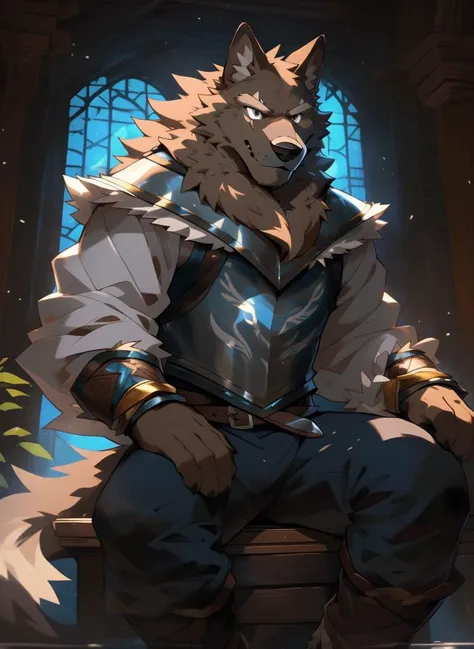 (((solo))), masterpiece, ultra high quality, ultra high resolution, 4k, 8k, ((detailed face, detailed eyes, detailed)), (full body:1.5, full shot angle:1.5), digital painting \(artwork\), by (by canyne khai, (by takemoto arashi), by null-ghost, by kiyosan, by milkytiger1145) BREAK inside, fantasy, castle, livingroom, (sitting on chair:1.4, spread legs), knight uniform, weapon, belt, sword, cape, fur trim, white pants, blue cape, armor, ((beautiful brown eyes, smug, furry, lyall, wolf, eye scar, wolf tail, brown fur)), (((lean body:1.6, serious:1.6))) BREAK (front angle shot:1.2, front shot:1.2, front view), <lora:Light and Shadow:0.6>, <lora:epiNoiseoffset_v2-pynoise:0.4>, <lora:Depth:0.3>, <lora:MoreDetails:0.2>, <lora:CuteFurryStyle-Furry:0.4>, <lora:FurryCoreV2New-07:0.3>, <lora:nj5furry-v2:0.2>, <lora:NijiExpressV2-Letterboxed,Illustration,-EasyNegative,-BadHand:0.4>, <lora:BeautifulAnimeEyes:0.9>, <lora:Lyre-Lyall, Eye Scar, Wolf Tail, Brown Fur:0.8>