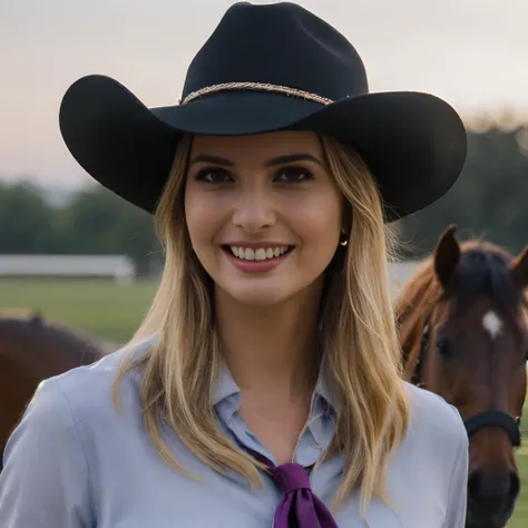 bdsm close up, beautiful smiling ivnktrmp woman posing as a hot cowgirl , wearing hat , tie front crop shirt , photo referenced, highest quality, high quality, (detailed face and eyes), dusk lighting, horses in the background