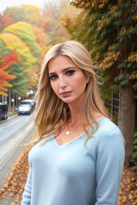 <lora:ivankaTrump_v11:1>, award winning medium shot color portrait of a woman wearing a blue v-neck sweater, on a bus, autumn, falling leaves, standing, large breasts, hyper realistic photograph, film grain, Eye contact, Kodak portra 800, f1.8, --ar 2:3 --beta --upbeta,