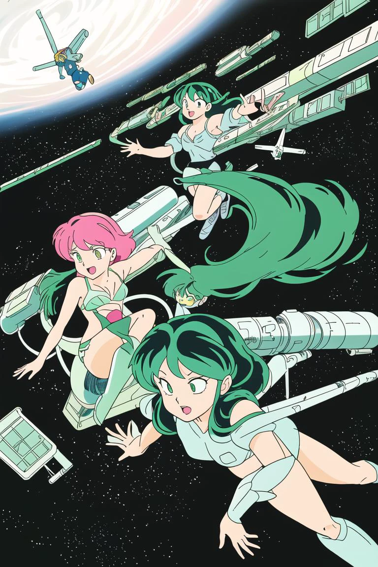 <lora:mdrnkz3:0.7> Anime Illustration. Close-up of Lum and Ten from Urusei Yeatsura, flying through a space station, in the style of mdrnkz3 <lora:takahashi_rumiko_offset:0.8> art by Takahashi Rumiko