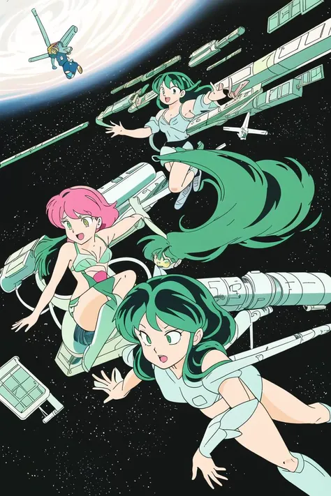<lora:mdrnkz3:0.7> Anime Illustration. Close-up of Lum and Ten from Urusei Yeatsura, flying through a space station, in the style of mdrnkz3 <lora:takahashi_rumiko_offset:0.8> art by Takahashi Rumiko