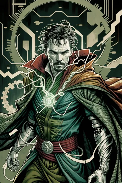 <lora:mdrnkz3:1> doctor strange standing in the style of mdrnkz3, cybernetic armor