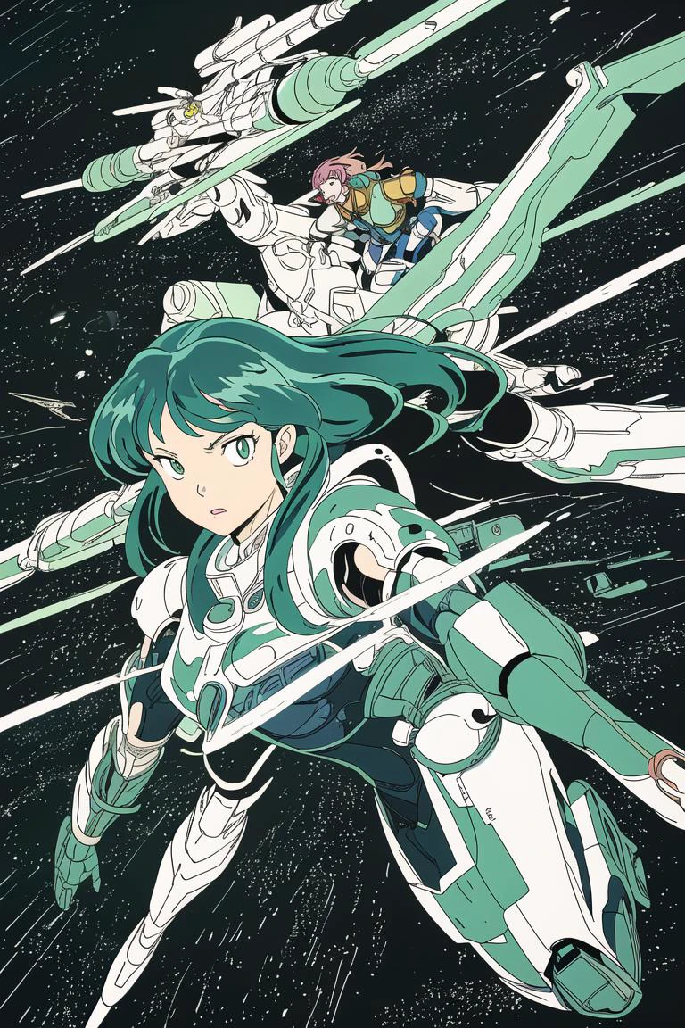 <lora:mdrnkz3:0.7> Anime Illustration. Close-up of Lum, wearing Mecha Armour, flying through a space station, in the style of mdrnkz3 <lora:takahashi_rumiko_offset:0.8> art by Takahashi Rumiko