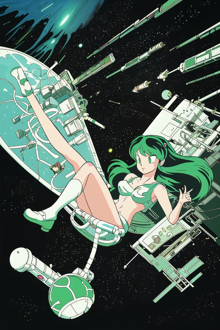 <lora:mdrnkz3:0.9> Lum from Urusei Yeatsura, floating inside a space station, in the style of mdrnkz3 <lora:takahashi_rumiko_offset:1> art by Takahashi Rumiko