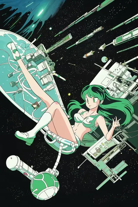 <lora:mdrnkz3:0.9> Lum from Urusei Yeatsura, floating inside a space station, in the style of mdrnkz3  <lora:takahashi_rumiko_offset:1> art by Takahashi Rumiko