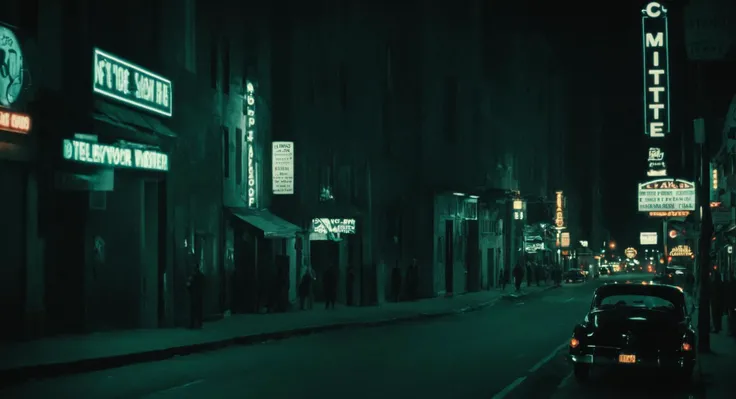Film noir style, classic film noir style <lora:Classic Film Noir style:1>
a city street at night with a lot of neon signs,cinematic,film,Hollywood,crime,drama,dramatic,dramatic light,low light,dim light,low-key light,shadow,partially covered in shadow,window light,dark light,cynical,1940s,1950s,classic,vintage,retro,visual style,realistic,film still,black film,night light,blue hour,motion picture,filmmaking style,neorealism,classic film noir style,monochrome,greyscale,outdoors,no humans,night,ground vehicle,building,scenery,motor vehicle,city,sign,road,lamppost,street, Monochrome, high contrast, dramatic shadows, 1940s style, mysterious, cinematic