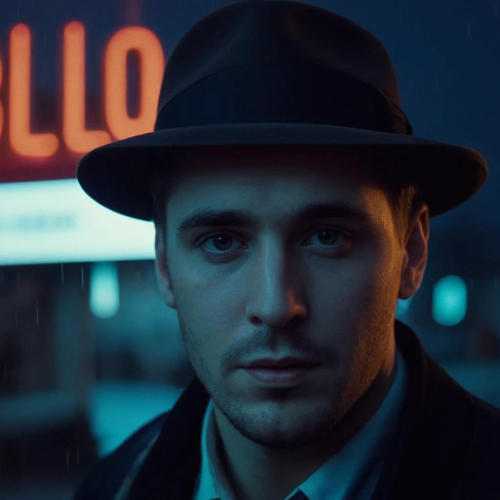 Neon noir, classic film noir style <lora:Classic Film Noir style:1>
a man in a hat and vest posing for a picture,cinematic,film,Hollywood,crime,drama,dramatic,dramatic light,low light,dim light,low-key light,shadow,partially covered in shadow,window light,dark light,cynical,1940s,1950s,classic,vintage,retro,visual style,realistic,film still,black film,night light,blue hour,motion picture,filmmaking style,neorealism,classic film noir style,solo,looking at viewer,1boy,hat,closed mouth,monochrome,greyscale,male focus,facial hair,portrait, closeup, Cyberpunk, dark, rainy streets, neon signs, high contrast, low light, vibrant, highly detailed