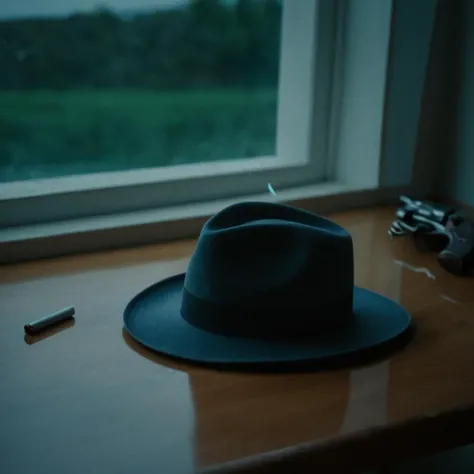cinematic film still of <lora:Classic Film Noir style:1>
from above, a hat,sunglasses,and a cigarette on a table,cinematic,film,Hollywood,crime,drama,dramatic,dramatic light,low light,dim light,low-key light,shadow,partially covered in shadow,window light,dark light,cynical,1940s,1950s,classic,vintage,retro,visual style,realistic,film still,black film,night light,blue hour,motion picture,filmmaking style,neorealism,classic film noir style,hat,monochrome,weapon,greyscale,water,gun,no humans,handgun,revolver, shallow depth of field, vignette, highly detailed, high budget, bokeh, cinemascope, moody, epic, gorgeous, film grain, grainy