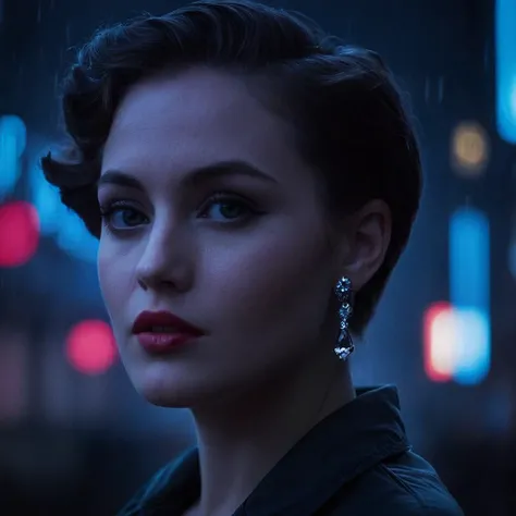 Neon noir, classic film noir style <lora:Classic Film Noir style:1>
a woman with a big earring on her head,cinematic,film,Hollywood,crime,drama,dramatic,dramatic light,low light,dim light,low-key light,shadow,partially covered in shadow,window light,dark light,cynical,1940s,1950s,classic,vintage,retro,visual style,realistic,film still,black film,night light,blue hour,motion picture,filmmaking style,neorealism,classic film noir style,1girl,solo,short hair,monochrome,greyscale,blurry,lips,blurry background,border,portrait, closeup, Cyberpunk, dark, rainy streets, neon signs, high contrast, low light, vibrant, highly detailed
