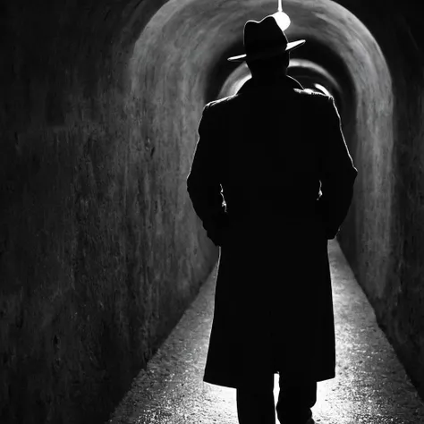 Film noir style, classic film noir style <lora:Classic Film Noir style:1>
a man in a hat and coat walking through a tunnel,cinematic,film,Hollywood,crime,drama,dramatic,dramatic light,low light,dim light,low-key light,shadow,partially covered in shadow,window light,dark light,cynical,1940s,1950s,classic,vintage,retro,visual style,realistic,film still,black film,night light,blue hour,motion picture,filmmaking style,neorealism,classic film noir style,1boy,hat,standing,monochrome,greyscale,indoors,from behind,1other,walking,silhouette,tricorne, Monochrome, high contrast, dramatic shadows, 1940s style, mysterious, cinematic