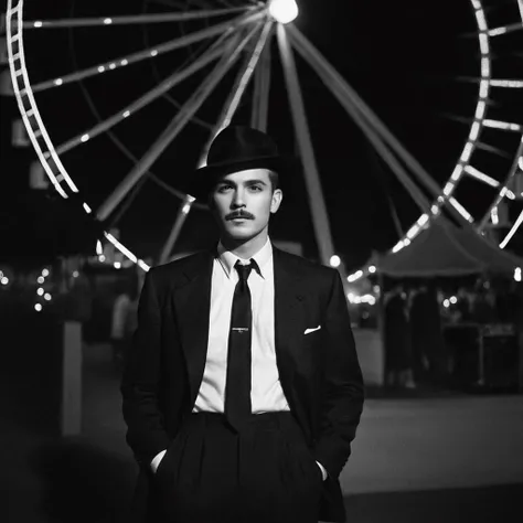 Film noir style, <lora:Classic Film Noir style:1>
a man in a suit and tie standing in front of a ferris wheel,cinematic,film,Hollywood,crime,drama,dramatic,dramatic light,low light,dim light,low-key light,shadow,partially covered in shadow,window light,dark light,cynical,1940s,1950s,classic,vintage,retro,visual style,realistic,film still,black film,night light,blue hour,motion picture,filmmaking style,neorealism,classic film noir style,solo,shirt,long sleeves,1boy,hat,jacket,monochrome,greyscale,male focus,necktie,collared shirt,bowtie,facial hair,formal,suit,mustache, Monochrome, high contrast, dramatic shadows, 1940s style, mysterious, cinematic