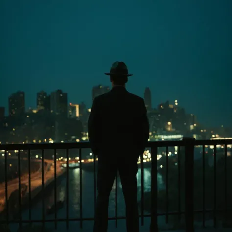cinematic film still of classic film noir style <lora:Classic Film Noir style:1>
a person standing on a bridge at night,cinematic,film,Hollywood,crime,drama,dramatic,dramatic light,low light,dim light,low-key light,shadow,partially covered in shadow,window light,dark light,cynical,1940s,1950s,classic,vintage,retro,visual style,realistic,film still,black film,night light,blue hour,motion picture,filmmaking style,neorealism,classic film noir style,solo,1boy,standing,male focus,outdoors,sky,water,from behind,night,building,scenery,reflection,walking,city,railing,silhouette,road,cityscape,dark,bridge,lamppost,city lights, silhouette, green hue, green tint, shallow depth of field, vignette, highly detailed, high budget, bokeh, cinemascope, moody, epic, gorgeous, film grain, grainy
