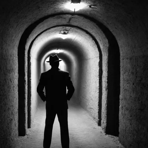 Film noir style, <lora:Classic Film Noir style:1>
a man walking through a tunnel with a light at the end,cinematic,film,Hollywood,crime,drama,dramatic,dramatic light,low light,dim light,low-key light,shadow,partially covered in shadow,window light,dark light,cynical,1940s,1950s,classic,vintage,retro,visual style,realistic,film still,black film,night light,blue hour,motion picture,filmmaking style,neorealism,classic film noir style,solo,1boy,hat,standing,monochrome,greyscale,indoors,from behind,window,scenery,1other,wide shot, running through tunnel, Monochrome, high contrast, dramatic shadows, 1940s style, mysterious, cinematic