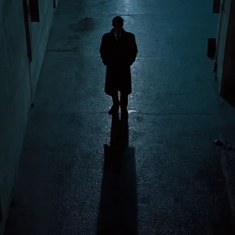 Neon noir, classic film noir style <lora:Classic Film Noir style:1>
from above, a person standing in a doorway with a shadow on the floor,cinematic,film,Hollywood,crime,drama,dramatic,dramatic light,low light,dim light,low-key light,shadow,partially covered in shadow,window light,dark light,cynical,1940s,1950s,classic,vintage,retro,visual style,realistic,film still,black film,night light,blue hour,motion picture,filmmaking style,neorealism,classic film noir style,1boy,monochrome,greyscale,silhouette,dark, Cyberpunk, dark, rainy streets, neon signs, high contrast, low light, vibrant, highly detailed