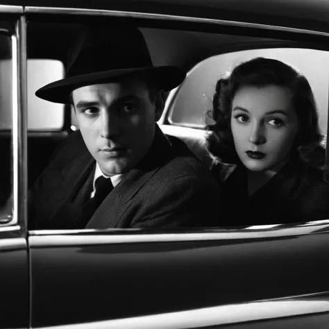 Film noir style, classic film noir style <lora:Classic Film Noir style:1>
a man and a woman sitting in a car,cinematic,film,Hollywood,crime,drama,dramatic,dramatic light,low light,dim light,low-key light,shadow,partially covered in shadow,window light,dark light,cynical,1940s,1950s,classic,vintage,retro,visual style,realistic,film still,black film,night light,blue hour,motion picture,filmmaking style,neorealism,classic film noir style,1girl,1boy,monochrome,greyscale,blurry,parody, Monochrome, high contrast, dramatic shadows, 1940s style, mysterious, cinematic