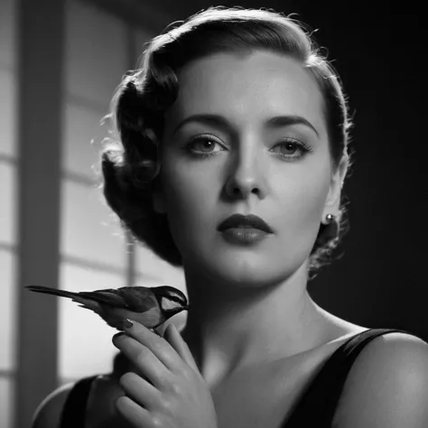 Film noir style, classic film noir style <lora:Classic Film Noir style:1>
a woman with a bird on her shoulder,cinematic,film,Hollywood,crime,drama,dramatic,dramatic light,low light,dim light,low-key light,shadow,partially covered in shadow,window light,dark light,cynical,1940s,1950s,classic,vintage,retro,visual style,realistic,film still,black film,night light,blue hour,motion picture,filmmaking style,neorealism,classic film noir style,1girl,solo,monochrome,greyscale,blurry,lips,portrait, closeup, Monochrome, high contrast, dramatic shadows, 1940s style, mysterious, cinematic